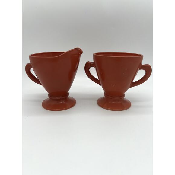 Vintage Hazel Atlas Glass Rust Orange Mid-Century Footed Open Creamer & Sugar - Picture 1 of 8